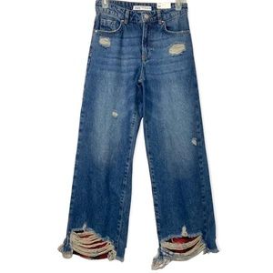 NWT Zara Wide Leg Dark-wash Distressed Jeans